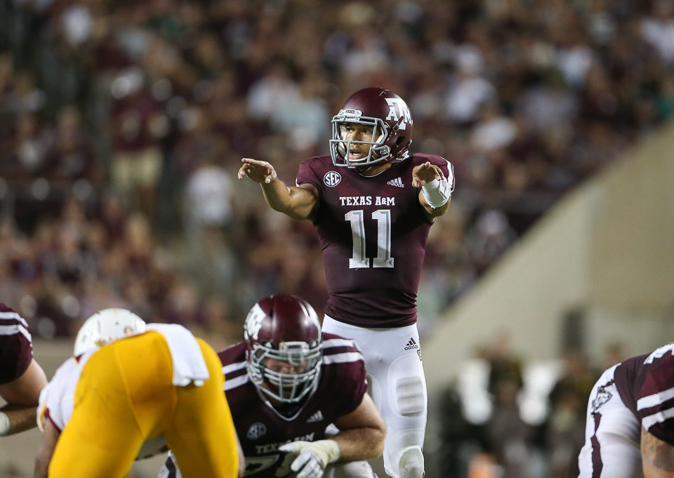 Texas A&M Aggies quarterback Kellen Mond (11) calls out protections during an NCAA football game between Texas A&M and ULM on Saturday, Sept. 15, 2018 in College Station, Texas.